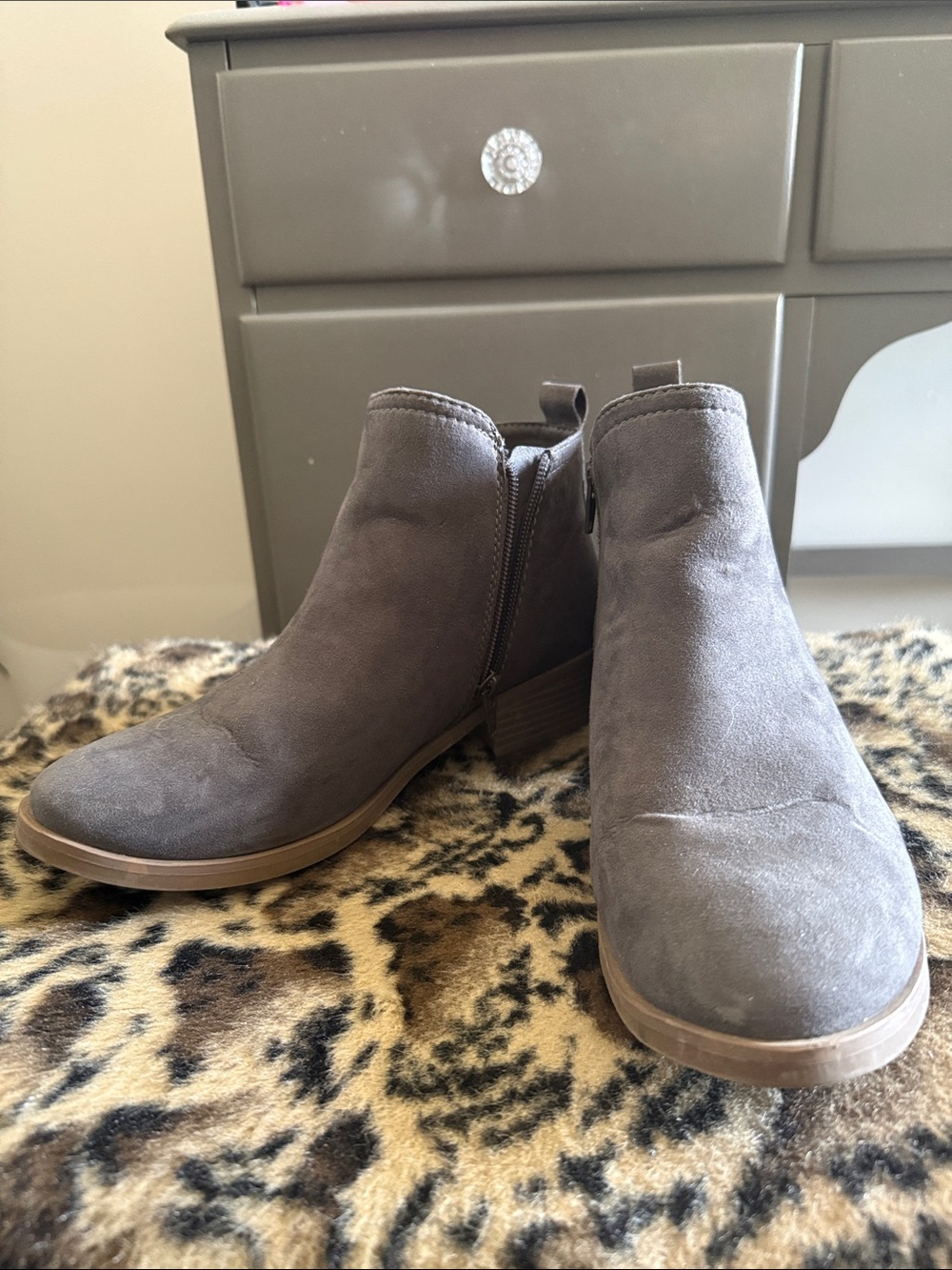 Time and Tru Gray Suede Ankle Booties with Low Heel